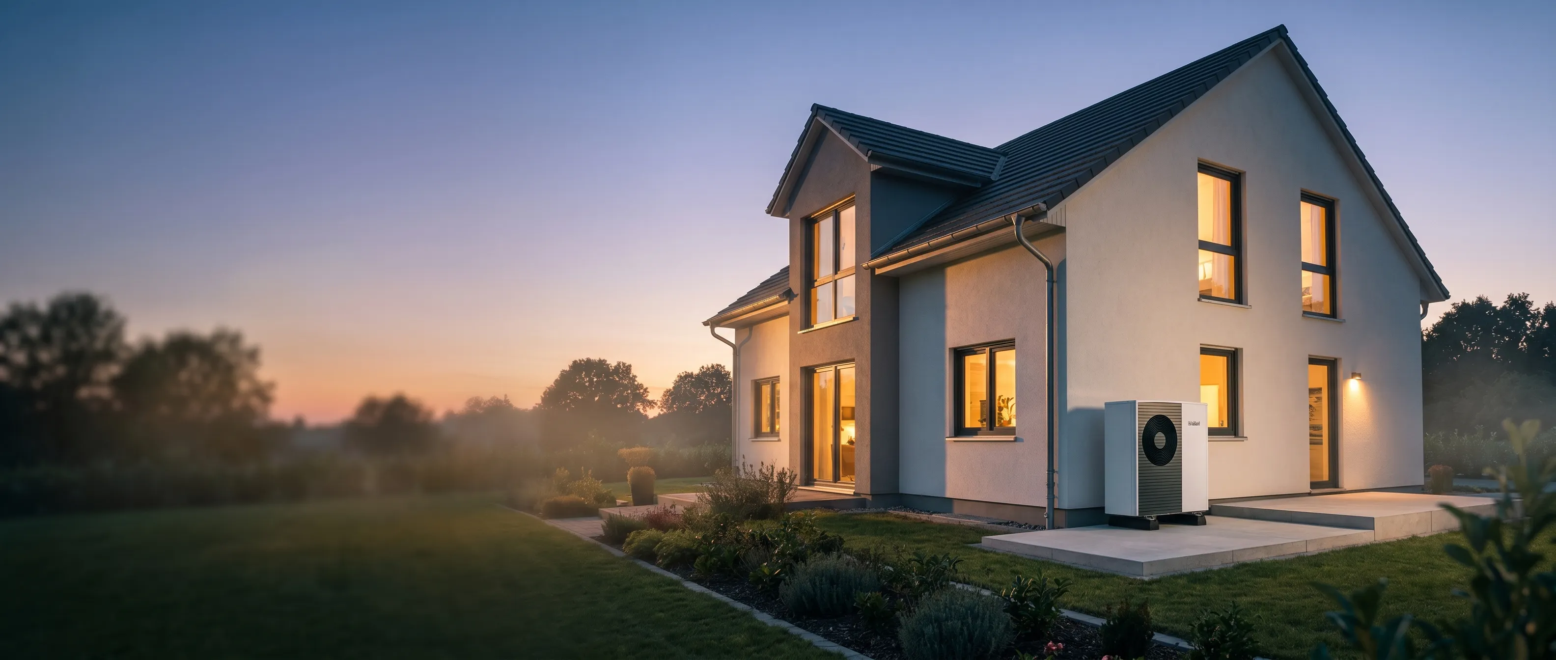 Modernes Einfamilienhaus mit Wärmepumpe in der Abenddämmerung